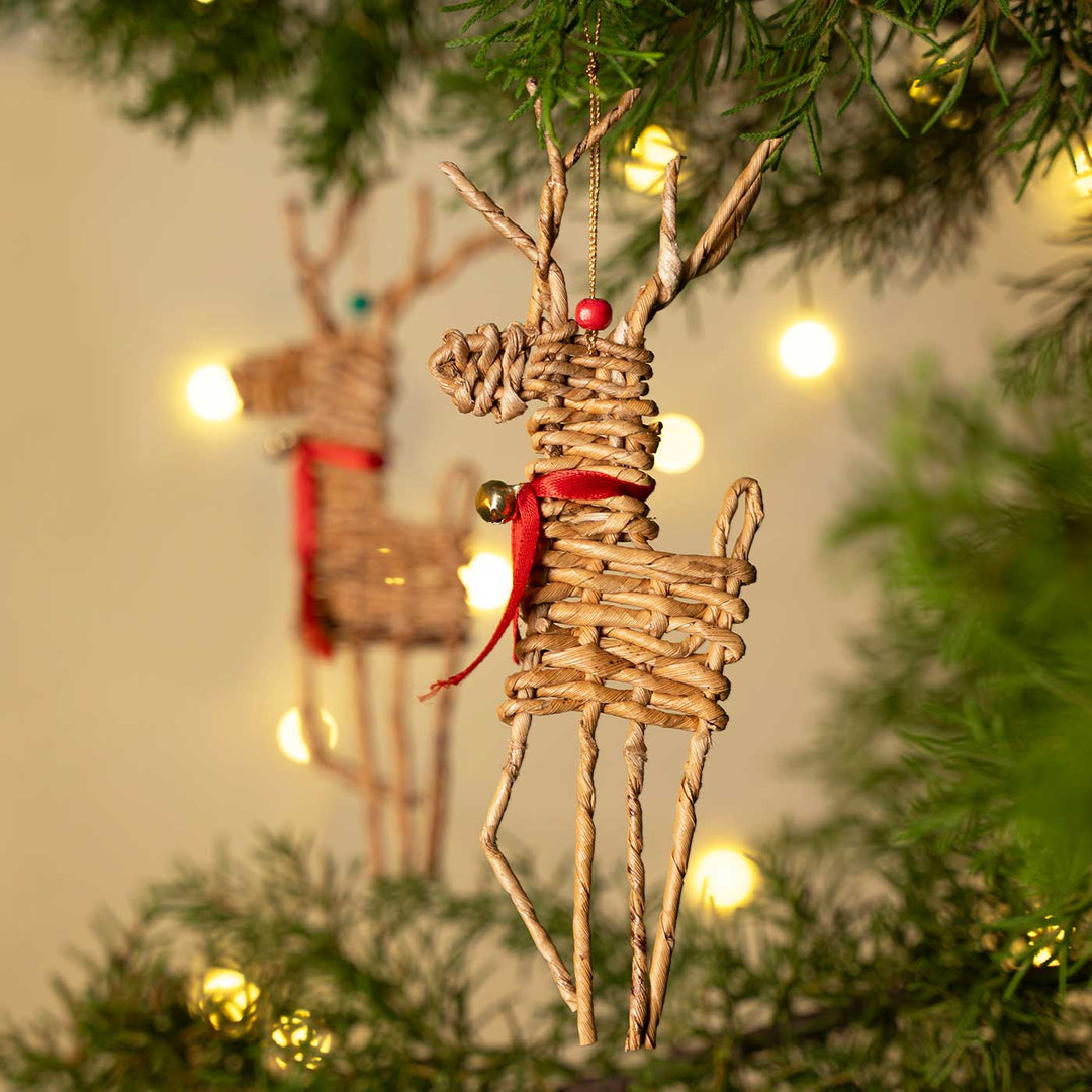 2 Pc | Handmade Banana Rope Reindeer Woven Hanging Ornaments