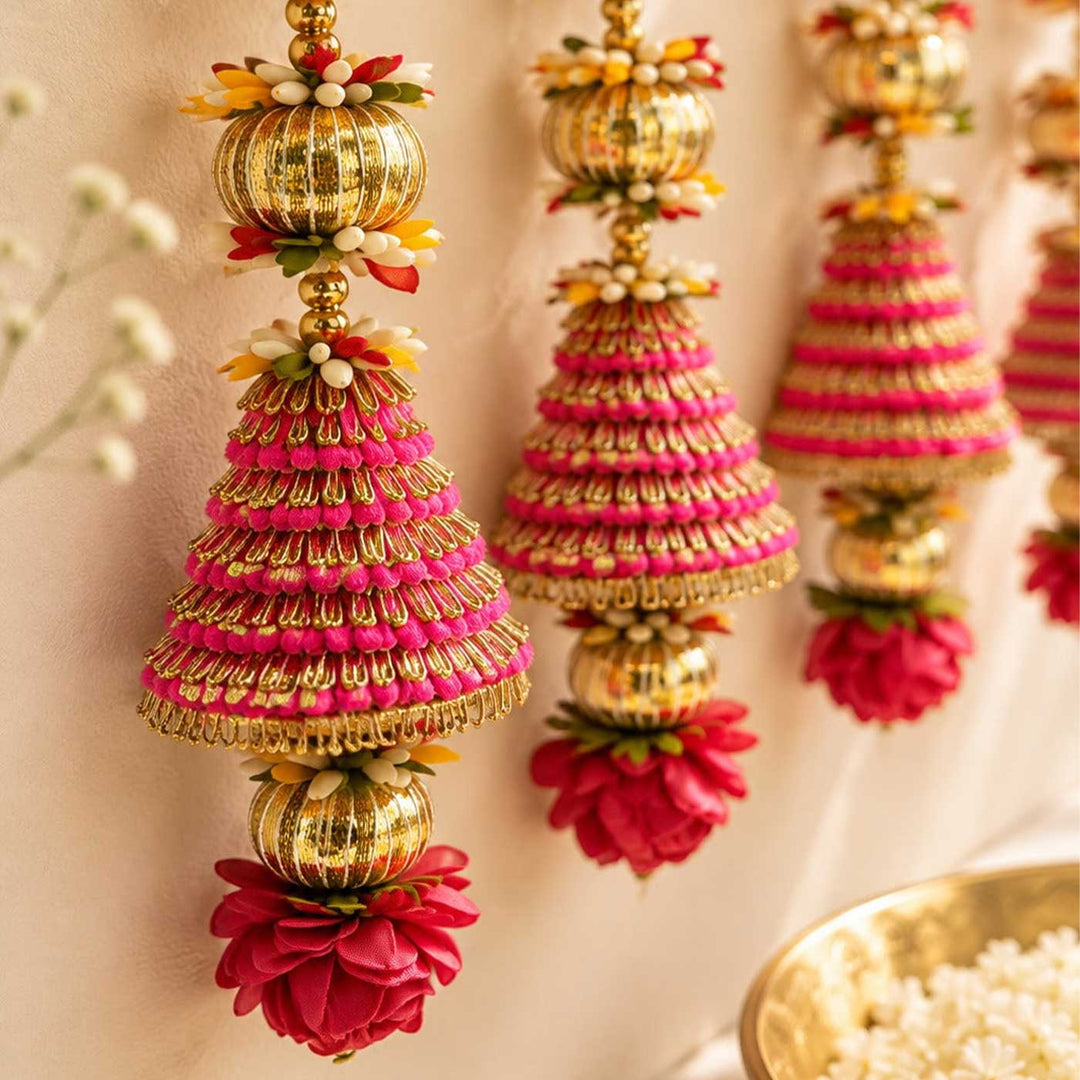 Handcrafted Pink Cone & Lotus Tassels With Gold Threadwork Door Hangings