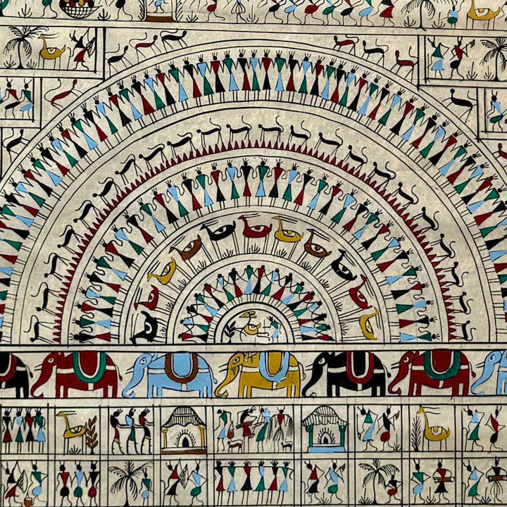 40 X 16 Inch | Handmade Tussar Silk Saura Tribal Art Of Odisha Painting