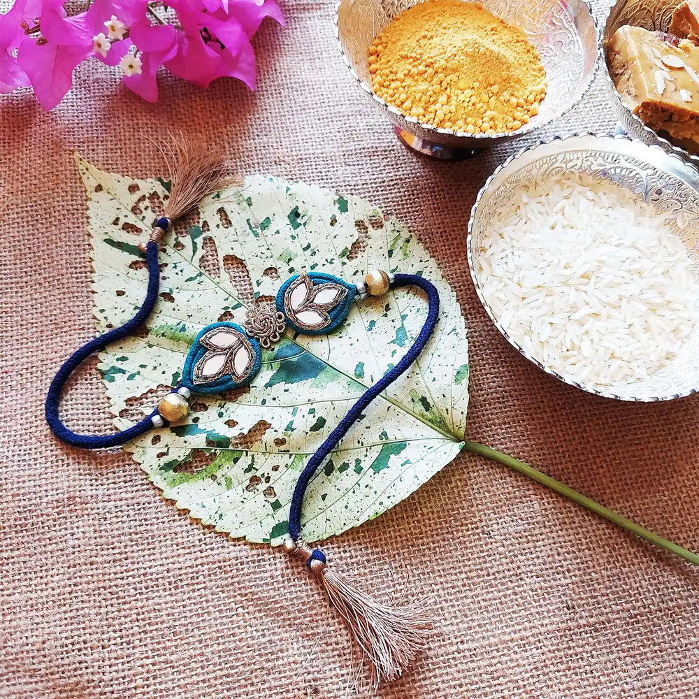Handmade Beaded Mirror Work Elegant Rakhi With Roli Chawal - Styled with Festive Items