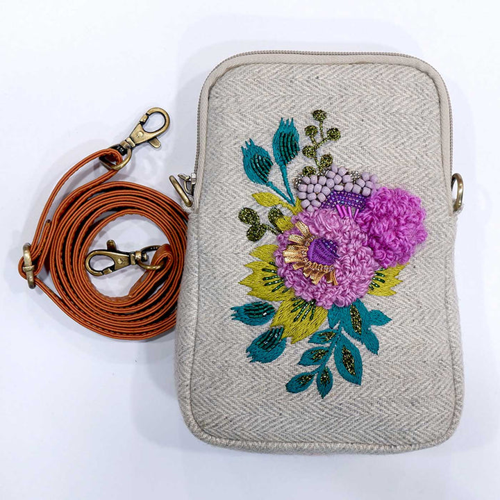 Handmade Embroidered Flowers And Leaves Jacquard Sling Bag