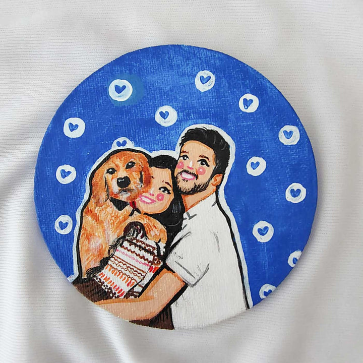 Personalized Photo Based Caricature Round Blue Fridge Magnet