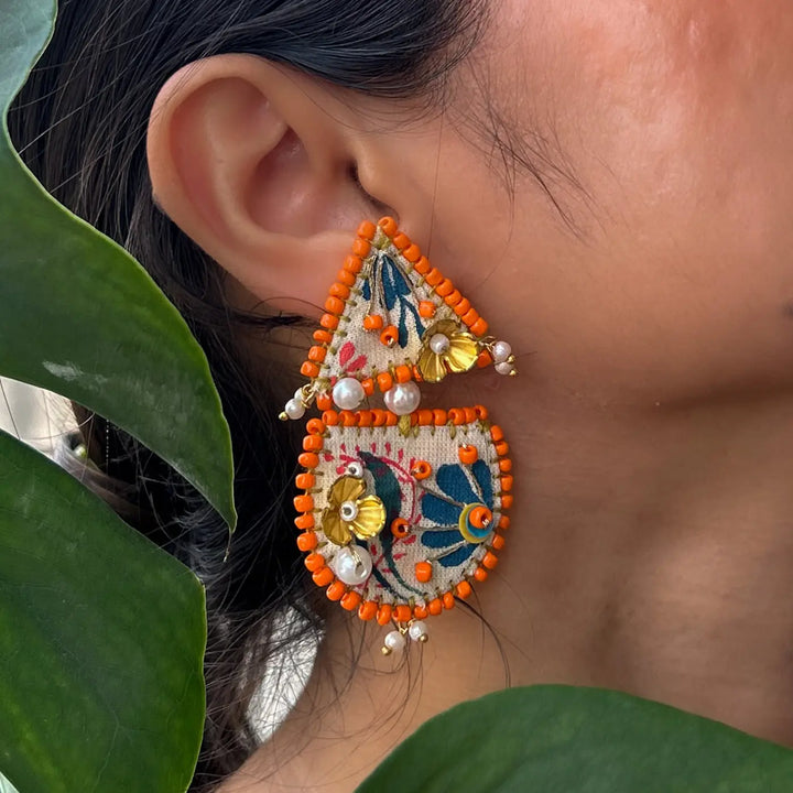 Hand Embroidered Madhubani Orange-Edged Floral Drop Cotton Earrings