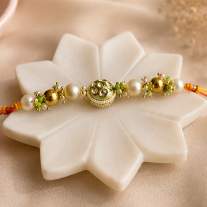 Hand-Knotted Green Beaded Rakhi & Lumba Set For Bhaiya Bhabhi | Set of 2