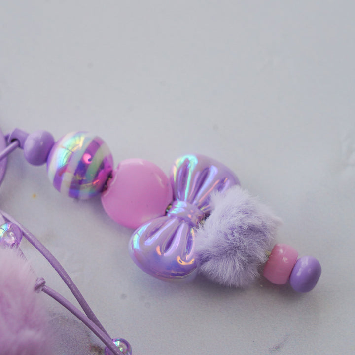 Lavender Bow Bead & Fluffy Pom Pom Bag Charm With Keyring