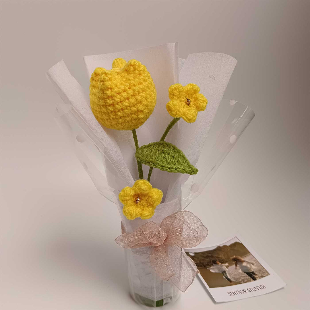 Handmade Crochet Yellow Tulip Mini Flower Bouquet | Includes Photo & Greeting Card