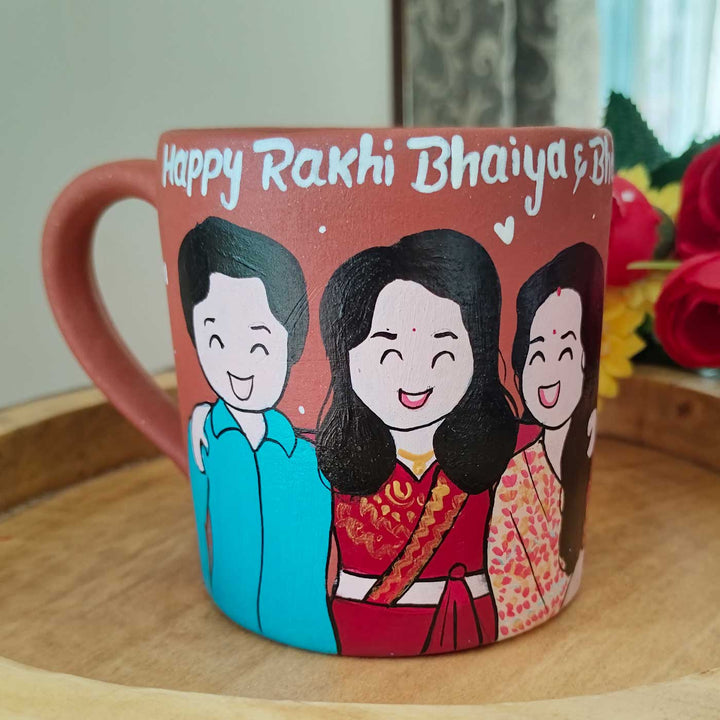 Photo Personalized Hand-Painted Bhaiya And Bhabhi With Sister Terracotta Mug