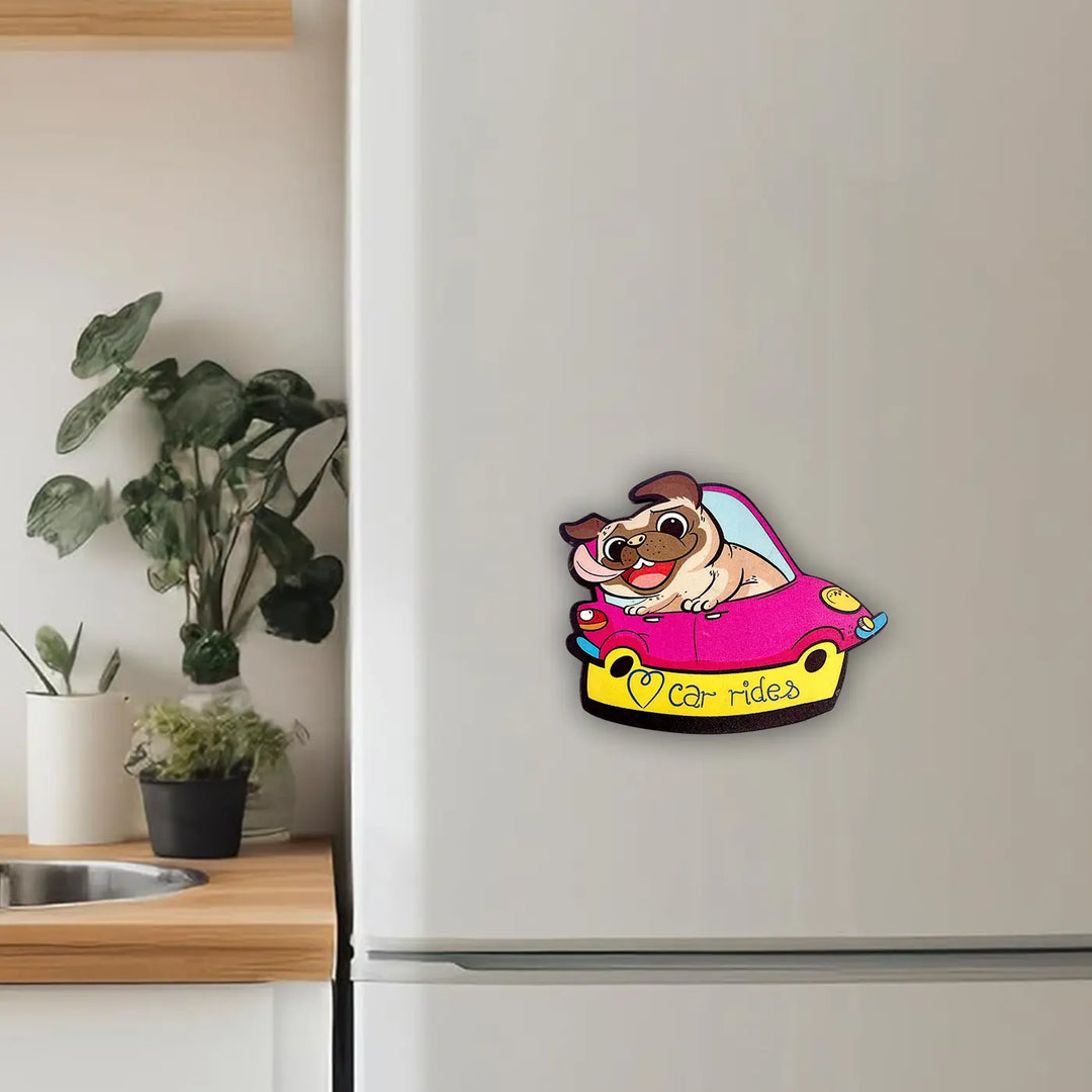 Printed Dog Theme "Car Rides" MDF Wood Fridge Magnet