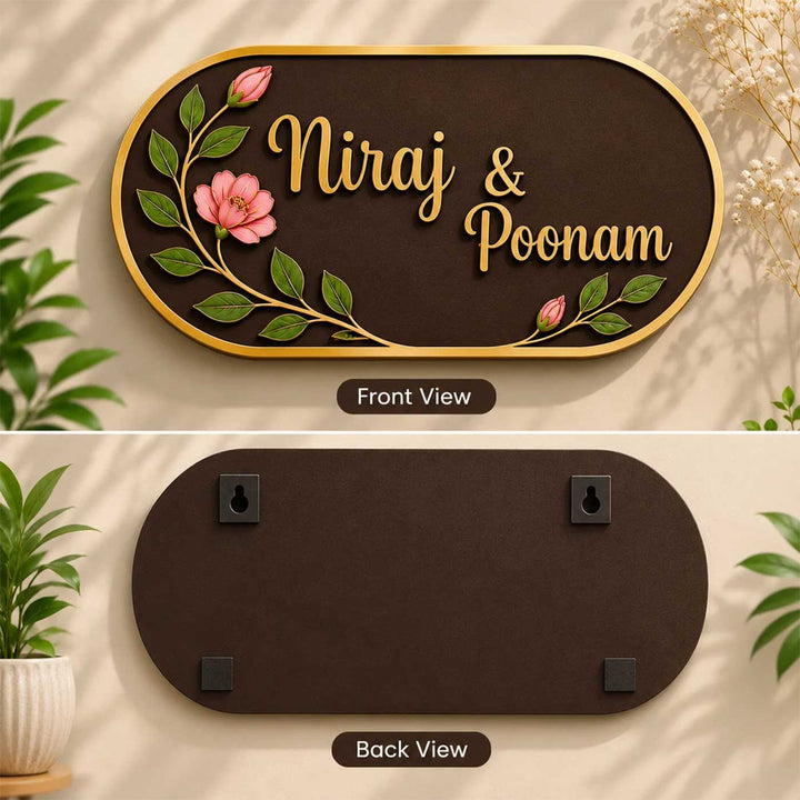 "Berry Floral" Handcrafted Personalized MDF Wood Name Plate With Pink Flower Motifs For Home