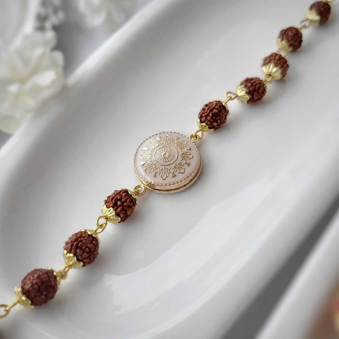 Handmade Original Rudraksh Rakhi Hamper With Roli Chawal For Brother - Detailed side view of bracelet