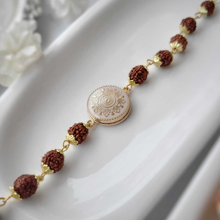 Handmade Original Rudraksh Rakhi Hamper With Roli Chawal For Brother - Detailed side view of bracelet
