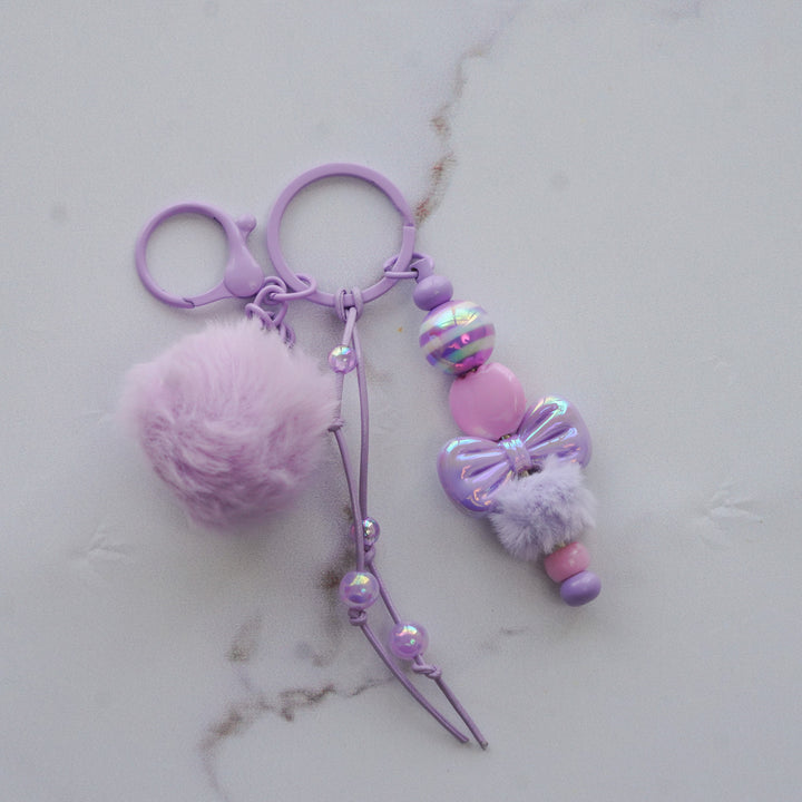 Lavender Bow Bead & Fluffy Pom Pom Bag Charm With Keyring