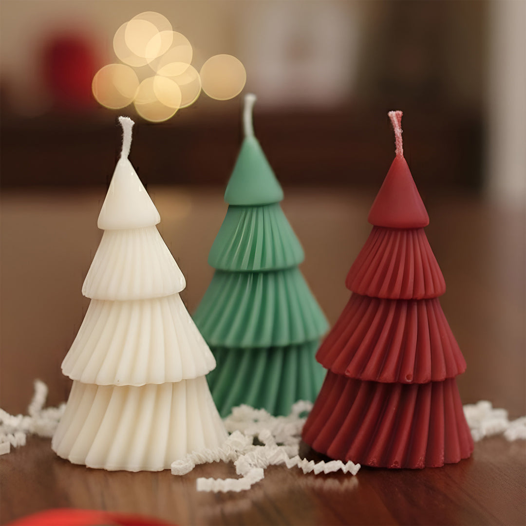 3 Pc | Handmade White, Red & Green Tiered Christmas Tree Soy Wax Candles