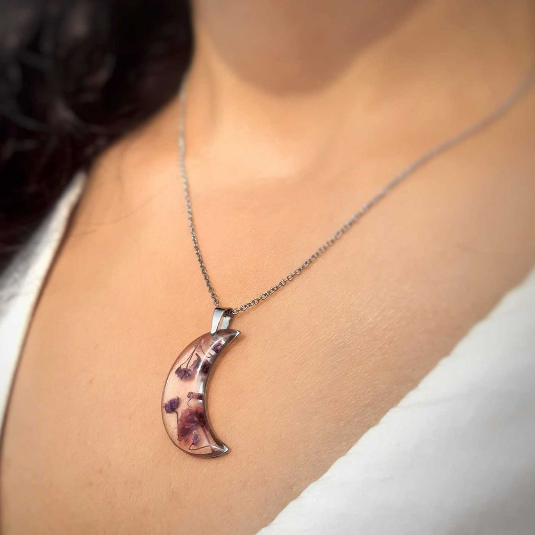 Pink Preserved Flower Luna Moon Shape Stainless Steel Necklace