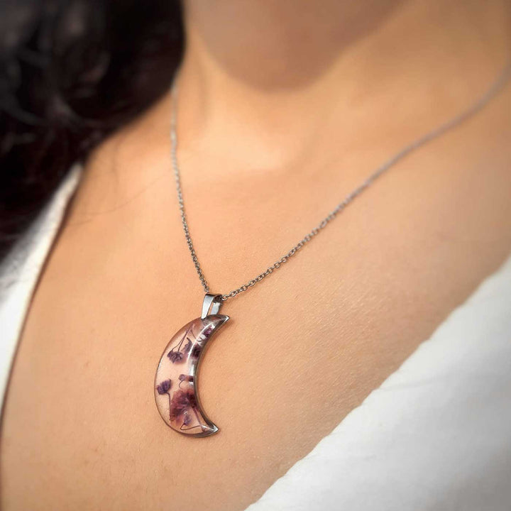 Pink Preserved Flower Luna Moon Shape Stainless Steel Necklace