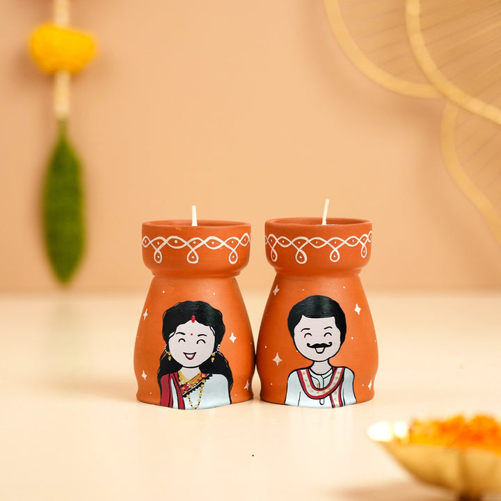 Hand-Painted Bengali Couple Terracotta Tealight Holder | Set Of 2