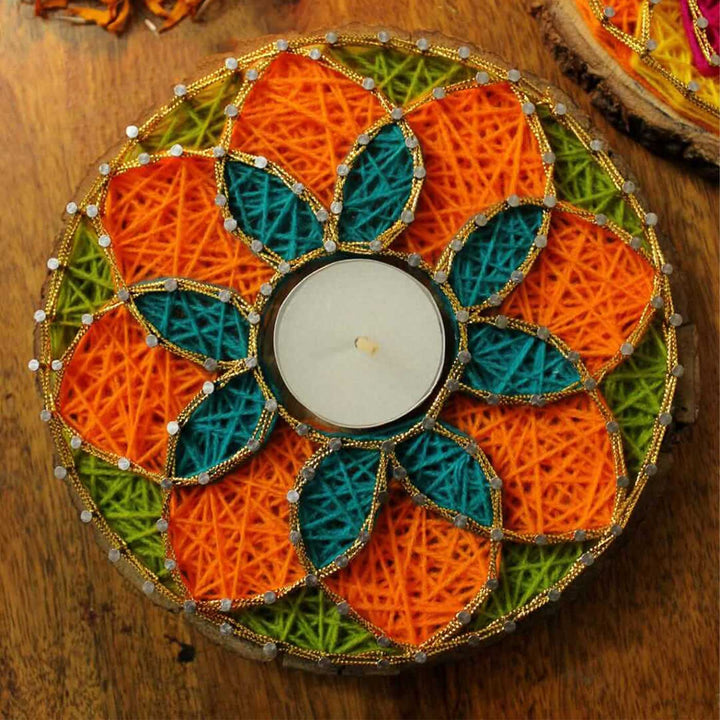 Handmade String Art Orange And Green Flower Design Mdf Wood Tealight Holder