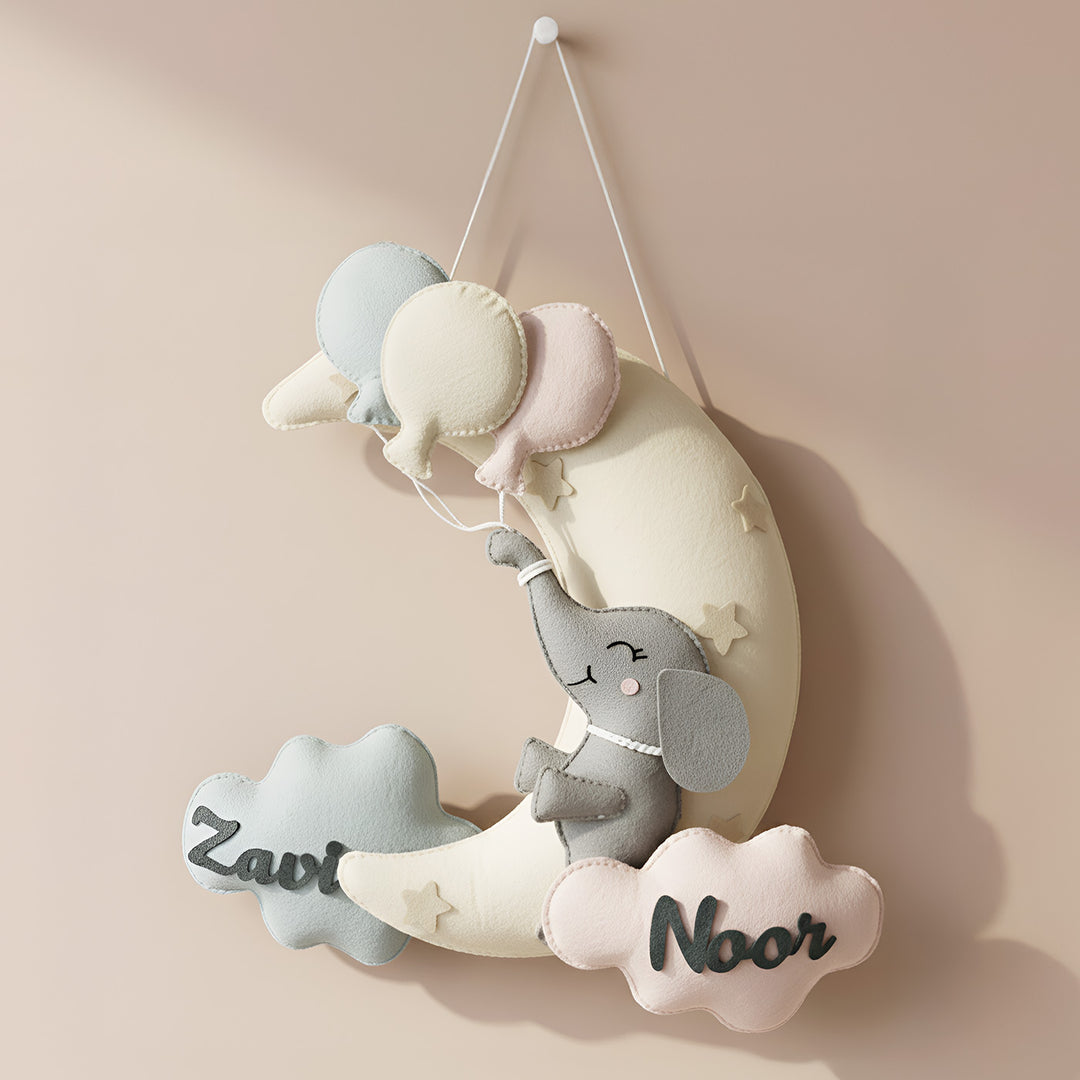 Personalized Elephant’S Balloon Bliss Theme Felt Kids Name Plate