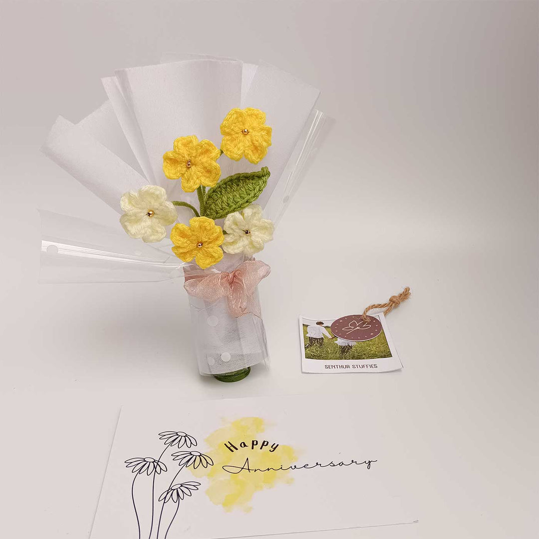 Handmade Crochet Yellow Blossom Mini Flower Bouquet | Includes Photo & Greeting Card