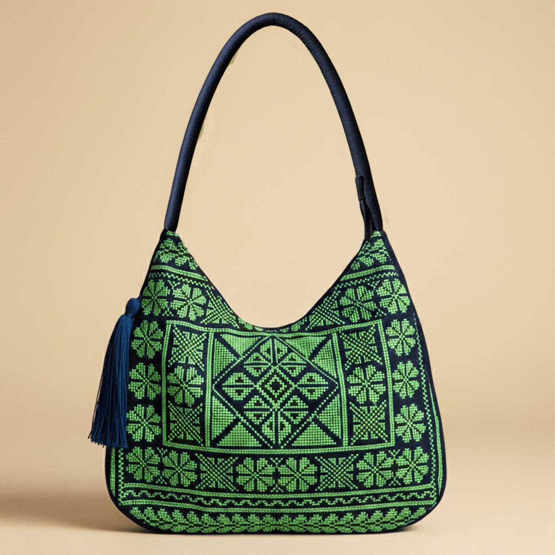 Lime Bloom Cross-Stitch Embroidered Hobo Shoulder Bag