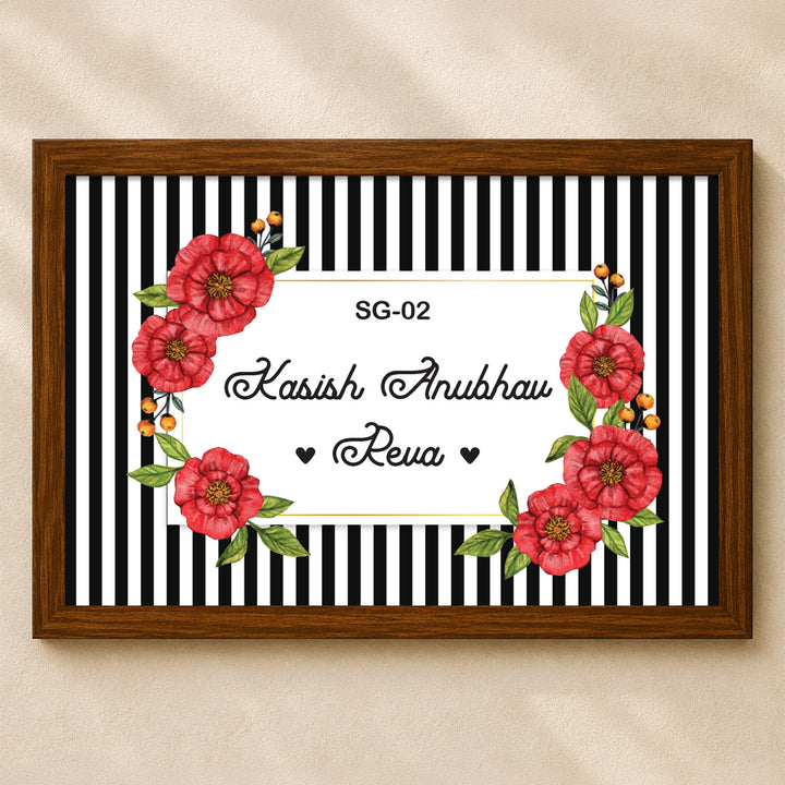 Personalized Floral Stripes Printed Wooden & Acrylic Name Plate with 3D Letters