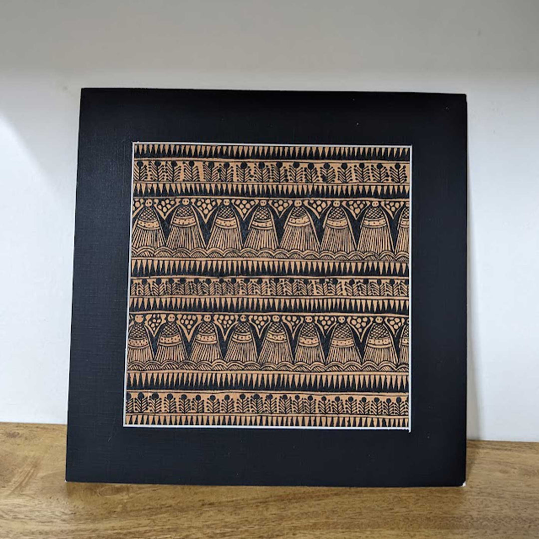 8 x 8 Inch | Black On Tea Treated Paper | Traditional Black & Brown Madhubani Style Drawing With Frame