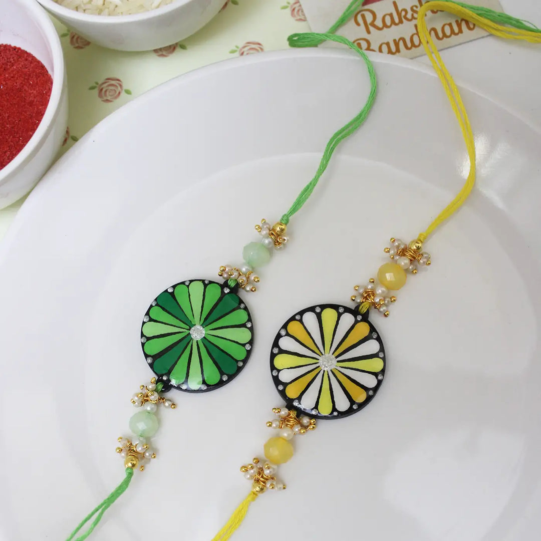Hand-Painted Dot Mandala Floral Rakhi With Roli Chawal