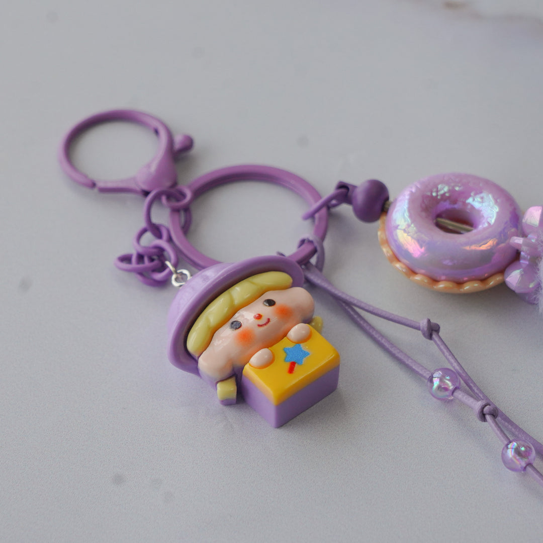Lavender Mushroom Fairy Bead & Pom Pom Bag Charm With Keyring