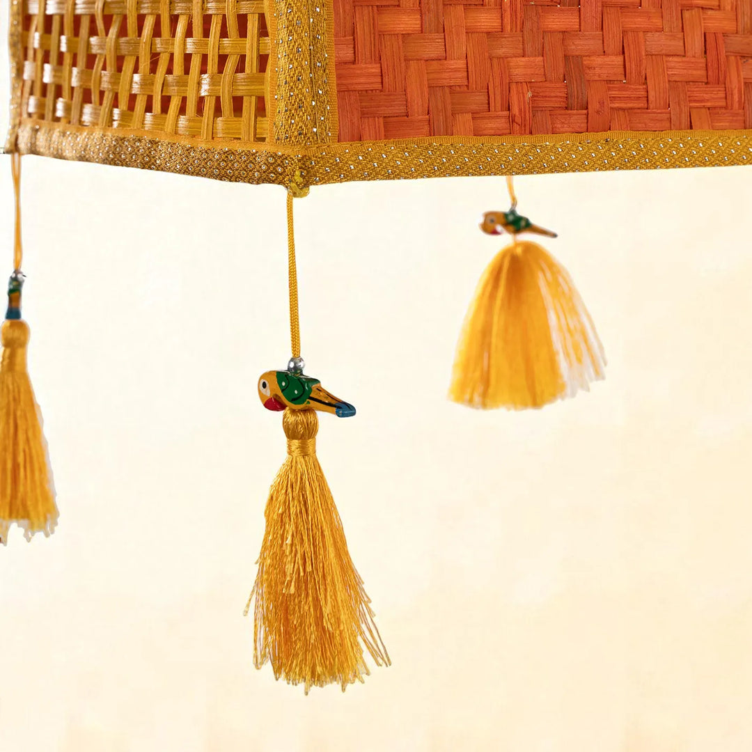 Orange & Yellow Zari Border Handmade Woven Bamboo Square Hanging Lampshade