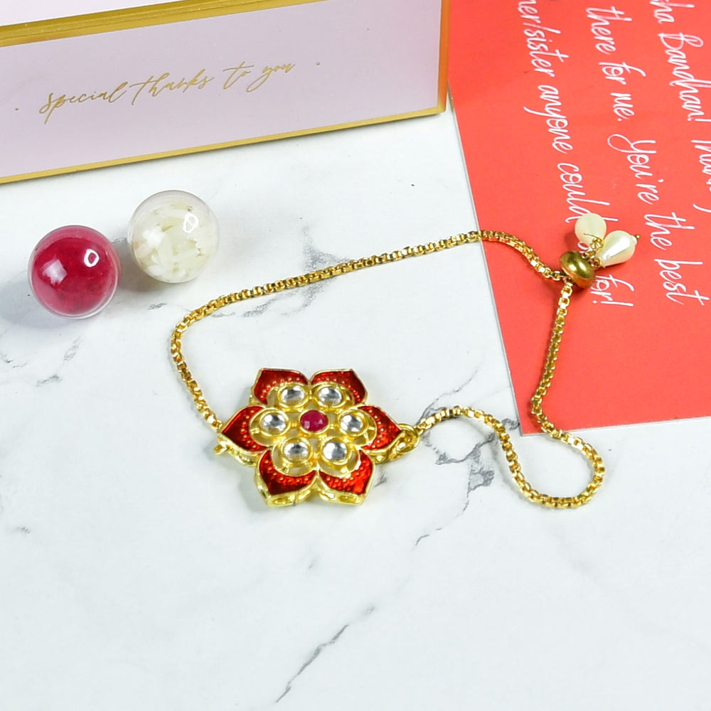 Red Floral Pearl And Stone Bracelet Rakhi Hamper With Chocolates And Roli Chawal For Brother Customizable Options Includes Up To 7 Goodies - Flat Lay with Gift Cards
