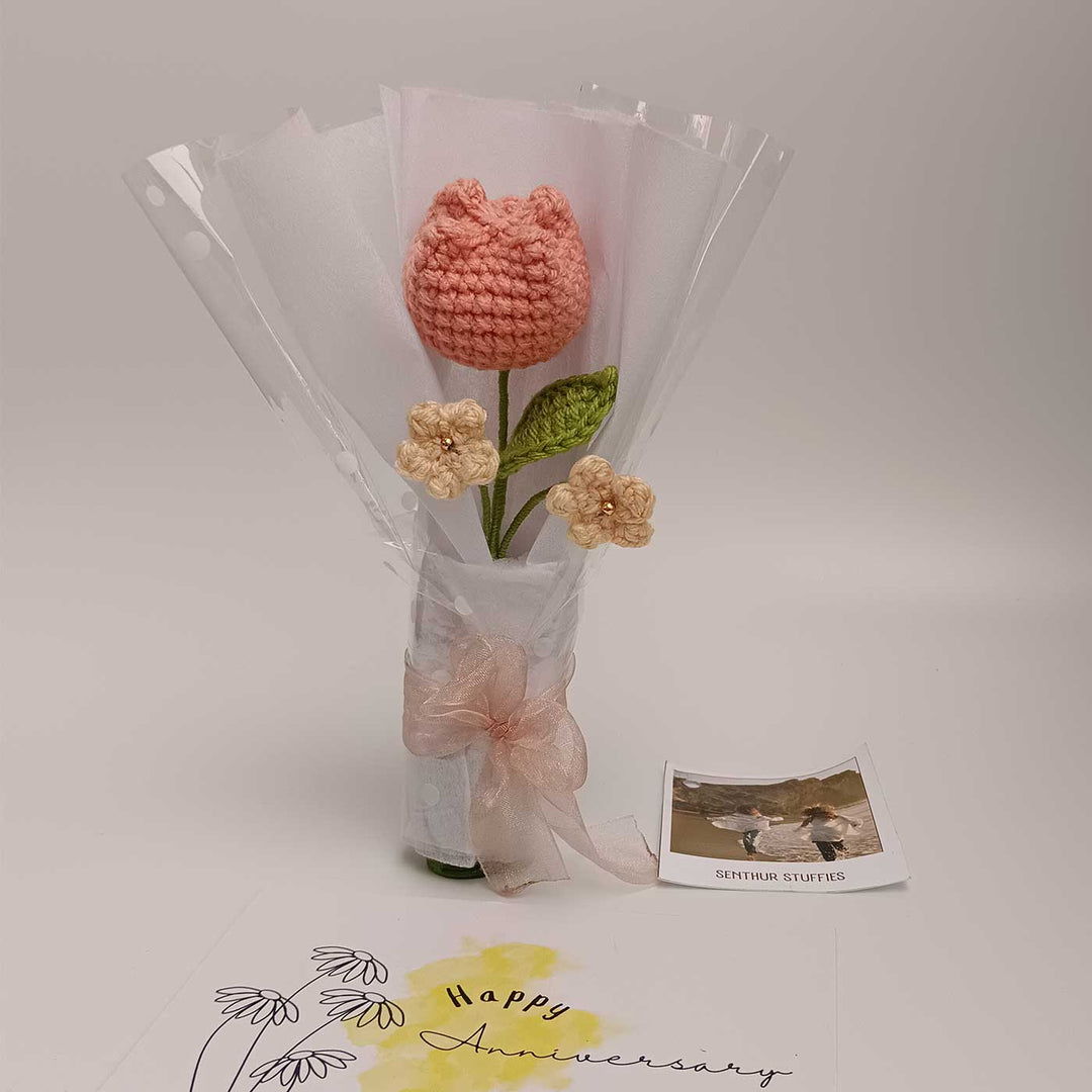 Handmade Crochet Peach Tulip Mini Flower Bouquet | Includes Photo & Greeting Card