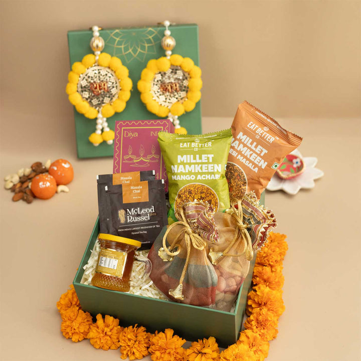 Handmade Ruhani Gift Hamper | Includes 2 Glass, Dry Fruit, Coaster, 1 Shubh Labh, 2 Diya, 1 Card And 1 Box
