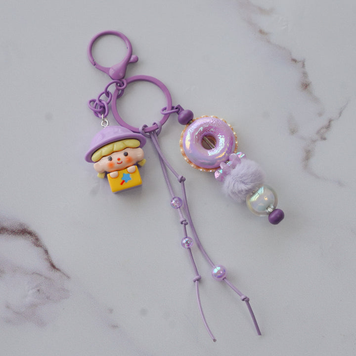 Lavender Mushroom Fairy Bead & Pom Pom Bag Charm With Keyring
