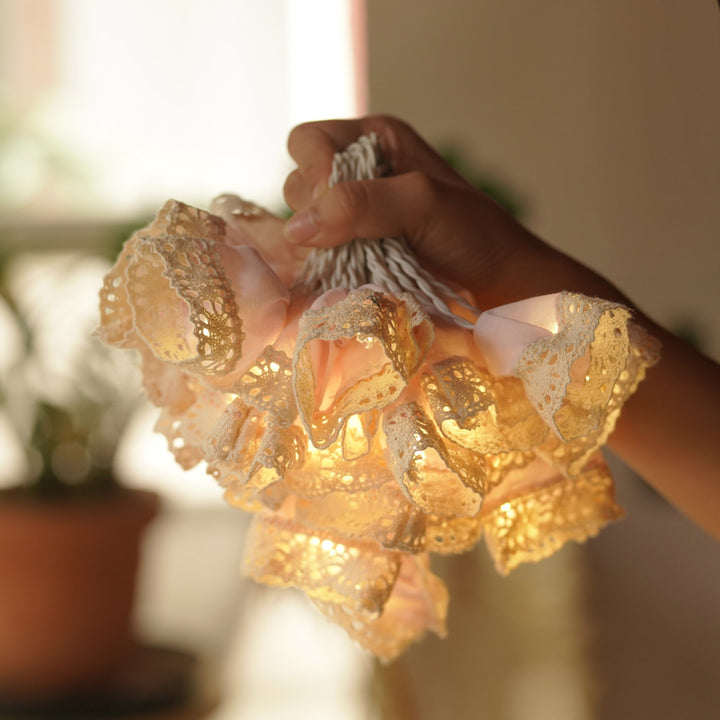 9.15m, 50 Bulbs | Handmade Pink Laced Fabric LED Fairy Light