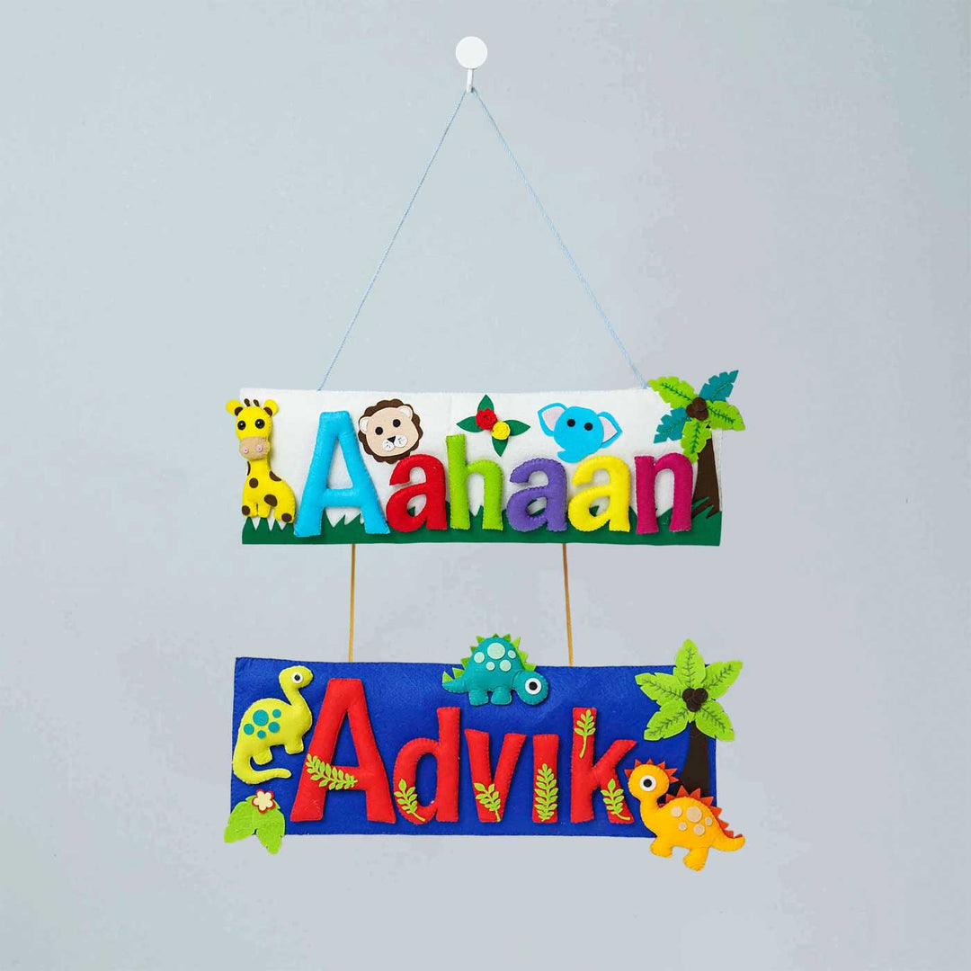 Customized Handcrafted Jungle & Dinosaur Theme Felt Name Plate for Siblings