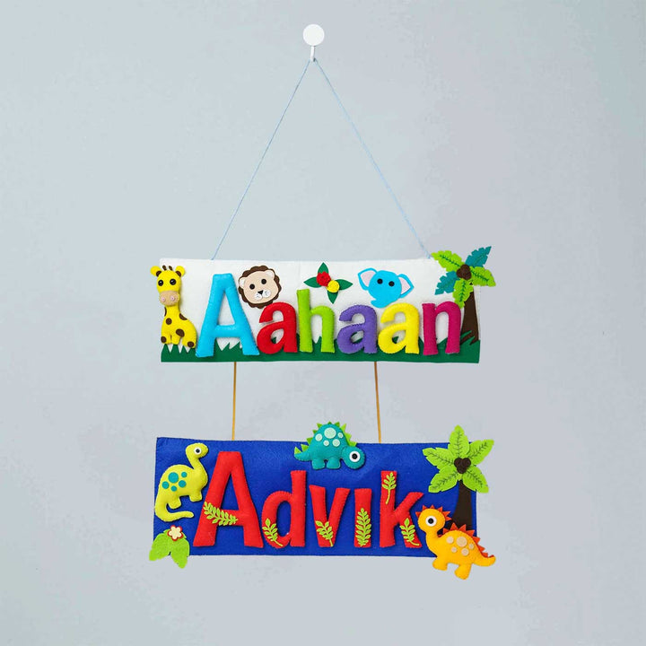 Customized Handcrafted Jungle & Dinosaur Theme Felt Name Plate for Siblings