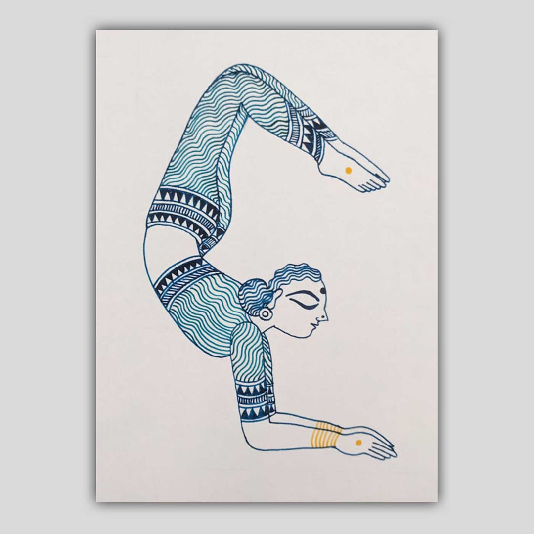 6 x 9 Inch | Vrischikasan Yoga Pose | Minimalist Black & White Mudhubani Style Line Drawing With Frame
