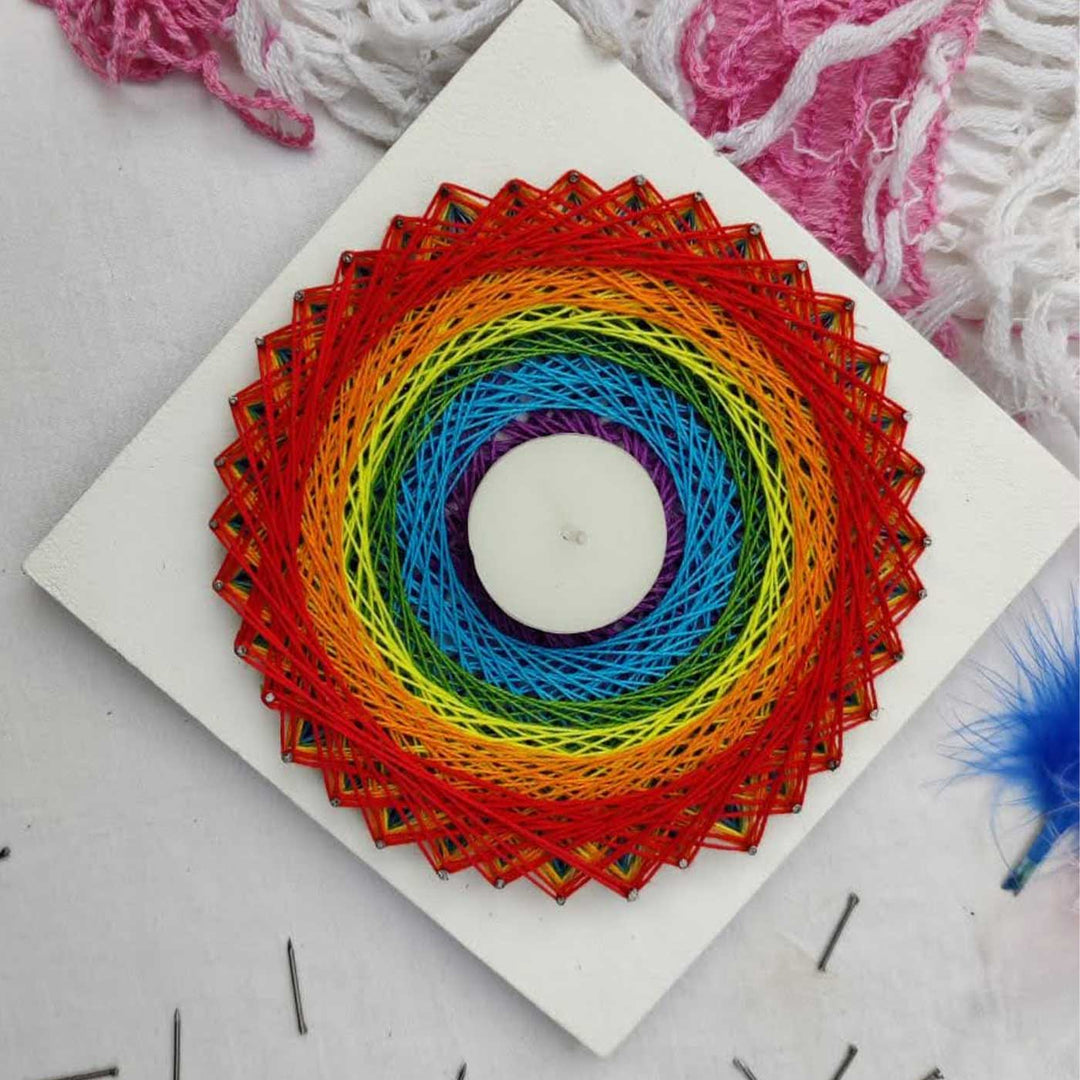 Handmade String Art Rainbow Design Wooden Tealight Holder With Tealight Candle