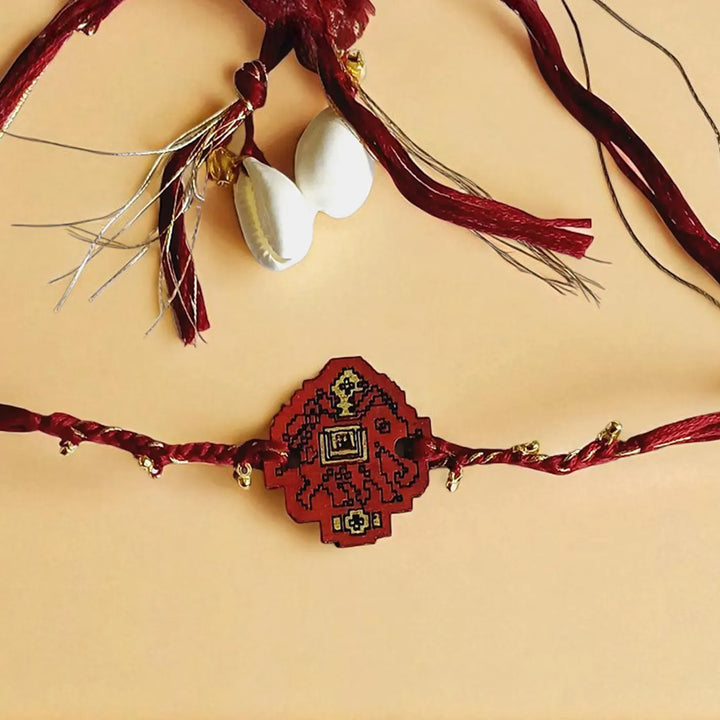 Handmade Red Elephant Ghungroo & Beads Wooden Lumba Rakhi For Bhabhi With Roli Chawal