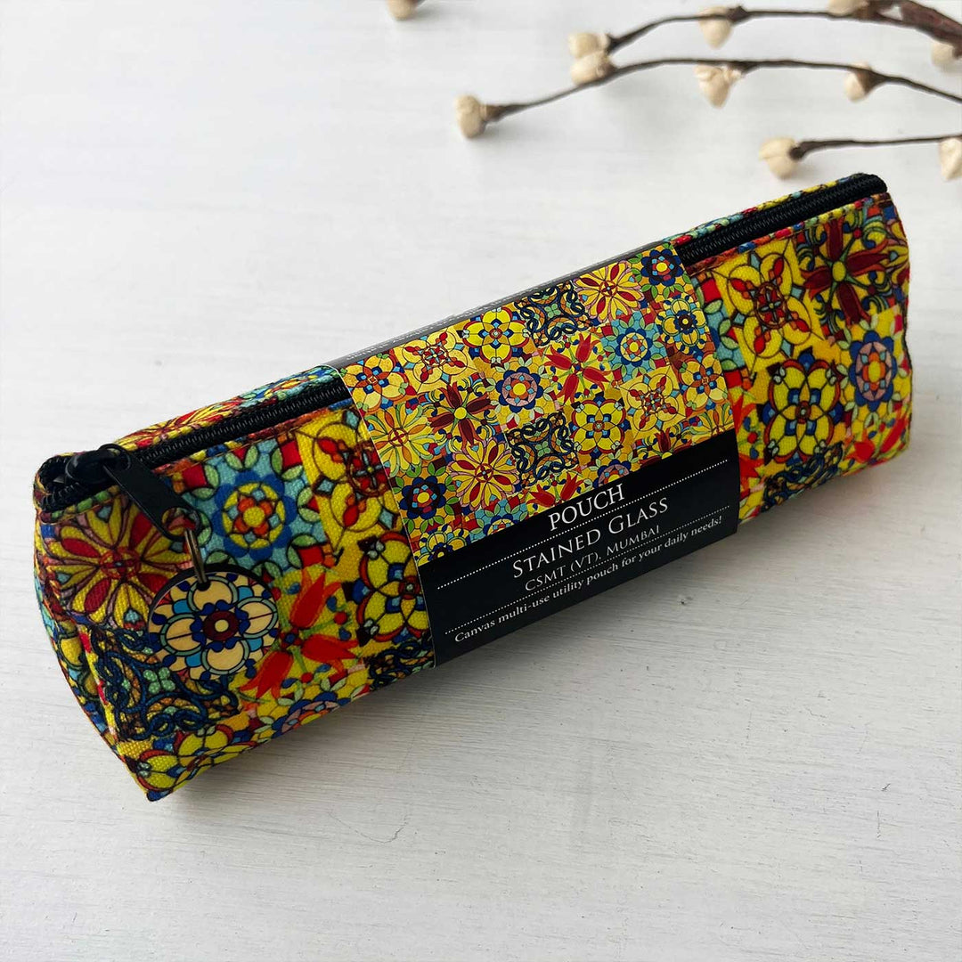 Hand-Painted Mumbai Heritage Stained Glass CST Inspired Canvas Pouch