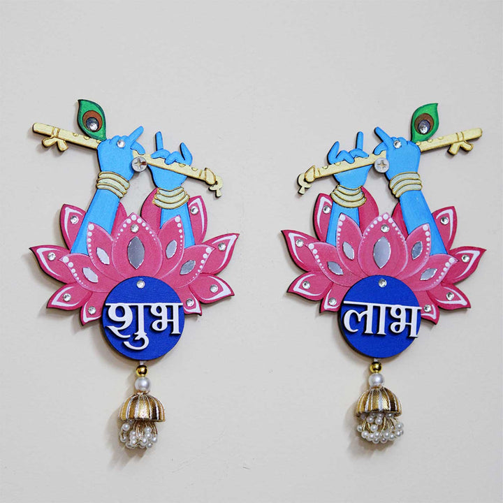2 Pc | Hand-Painted Krishna Flute Design MDF Shubh Labh Hangings