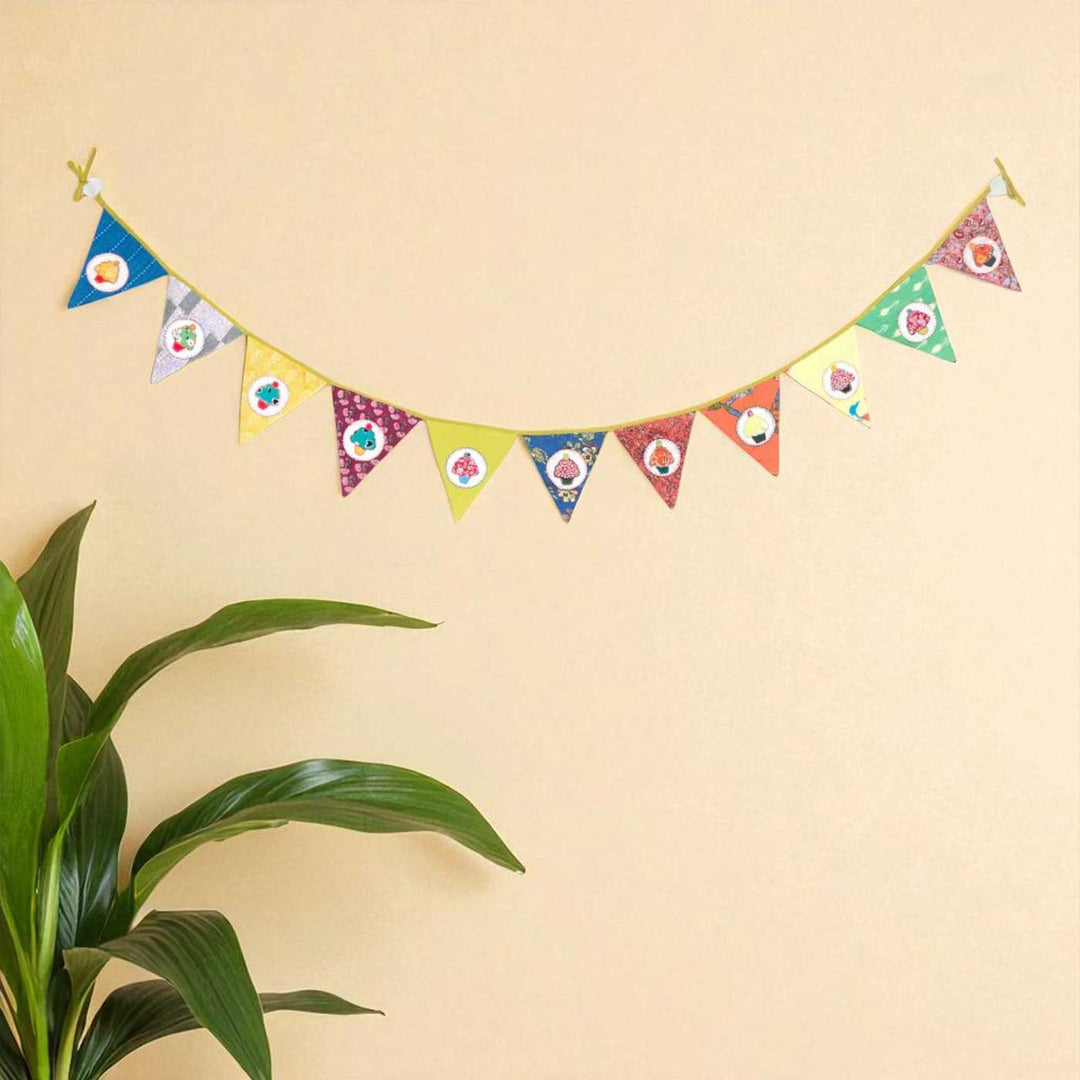 Handmade Multicolored Cupcake Design Upcycled Fabric Bunting