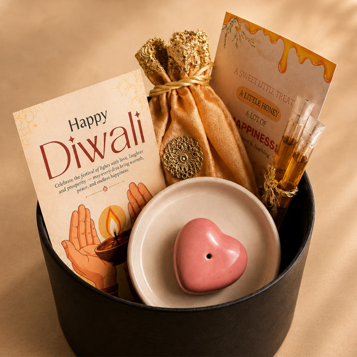 Midnight Heart Black Diwali Gift Hamper With Heart Agarbatti Stand And Peach Potli For Festive Gifting