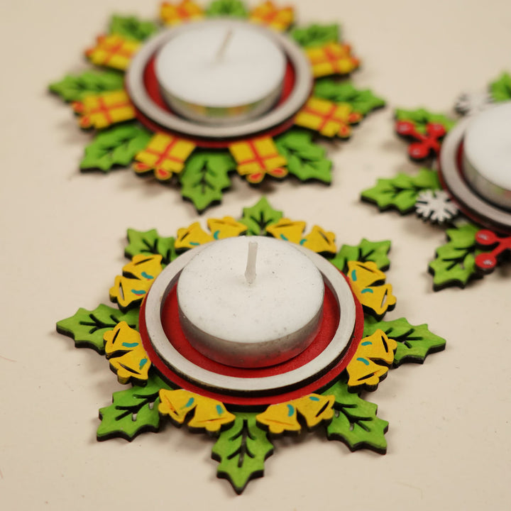 Hand-Painted Bell Theme Wooden Tealight Holder For Christmas Decoration