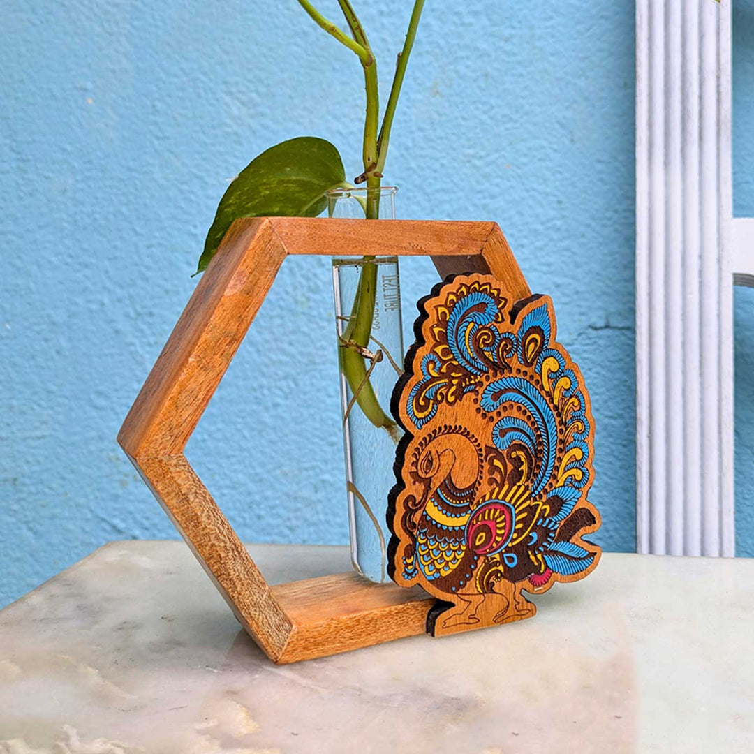 Hand-Painted Annam Wooden Hexagon Test Tube Planter For Home Decor