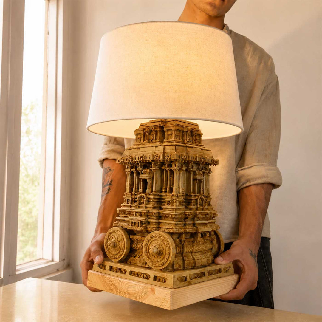 Handcrafted Vijaya Hampi Stone Chariot Miniature Table Lamp For Home Decor