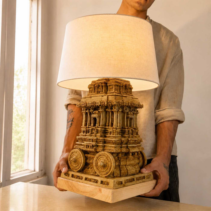 Handcrafted Vijaya Hampi Stone Chariot Miniature Table Lamp For Home Decor