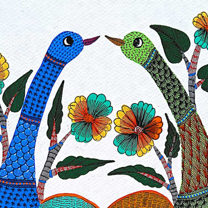 11 x 15 Inch | Love Birds with Flowers | Original Hand painted Tribal Gond Art Painting | Acrylic Paints On Paper