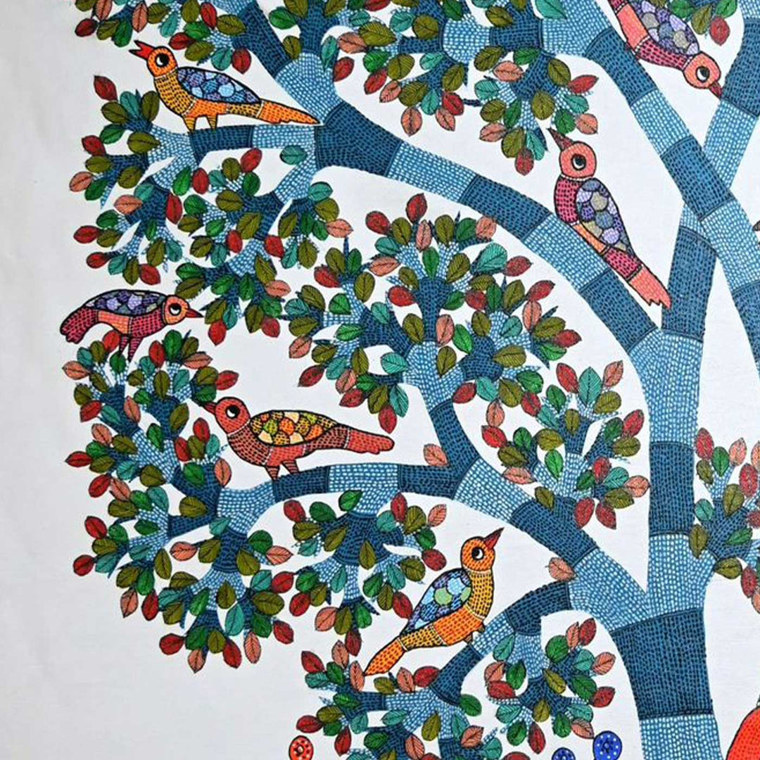 15 x 22 Inch | Under the Tree of Life | Original Hand Painted Tribal Gond Art Painting | Acrylic Paints On Canvas