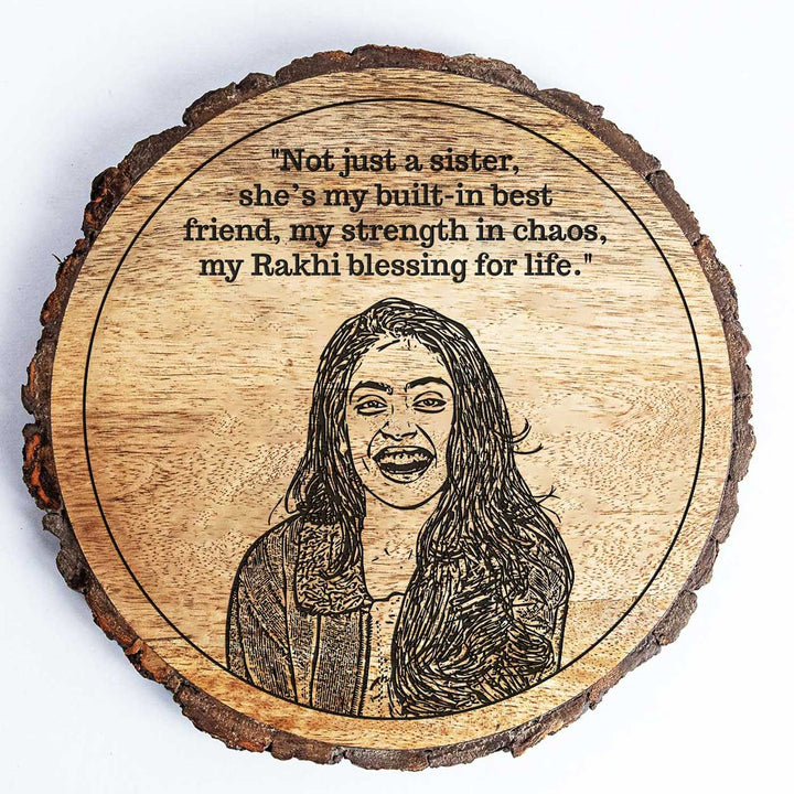 Photo Personalized Engraved Sis Theme Wooden Decorative Plaque Rakhi Hamper | Includes 1 Plaque, 1 Chocolate & 1 Card